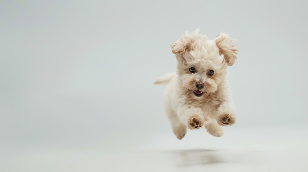 Playful puppy little Maltipoo dog running playing isolated over white background Generative AI