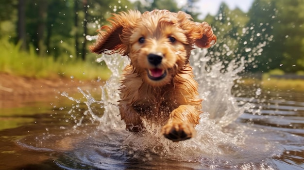 A playful puppy splashing in a puddle AI generated