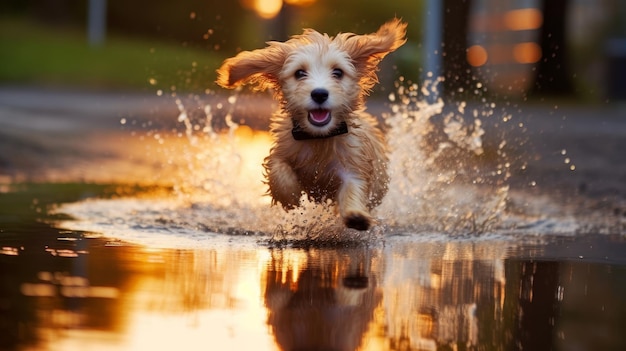 A playful puppy splashing in a puddle AI generated