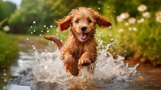 A playful puppy splashing in a puddle AI generated