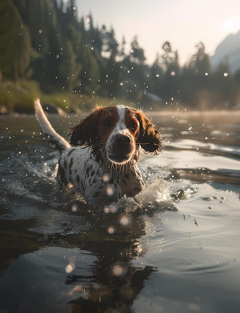 a playful puppy with wet fur joyfully splashing in a serene pond