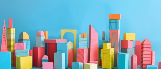 Photo a playful representation of a cityscape crafted from colorful wooden blocks arranged against a light blue background