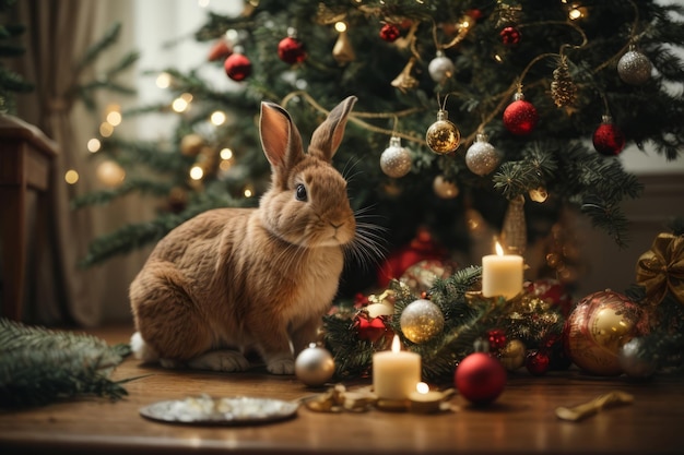 A playful scene of animals decorating a Christmas tree with rabbit stringing lights and birds placi