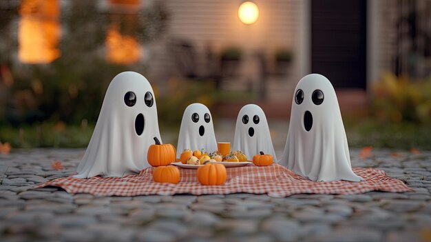 Photo a playful scene of cute ghosts enjoying a picnic with pumpkins perfect for halloweenthemed projects and festive illustrations