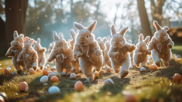 Photo playful scene of easter bunnies which running for easter eggs hunt easter eggs