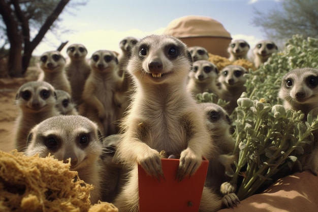 A playful scene of meerkats in merry antics perfect for adding a dose of cheer and humor to adverti