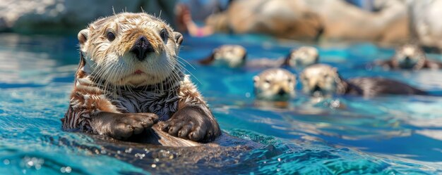 Playful Sea Otters in Crystal Blue Waters Adorable Marine Life Background with Copy Space and Deep Depth of Field