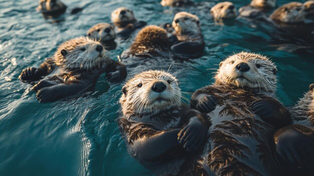 Photo playful sea otters floating on their backs