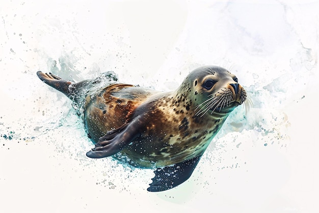 Playful Seal Diving into Ocean Dynamic Watercolor Illustration on White Background