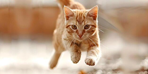 Playful shorthair cat jumping in midair against a white background Concept Cats Jumping Midair Playful White Background