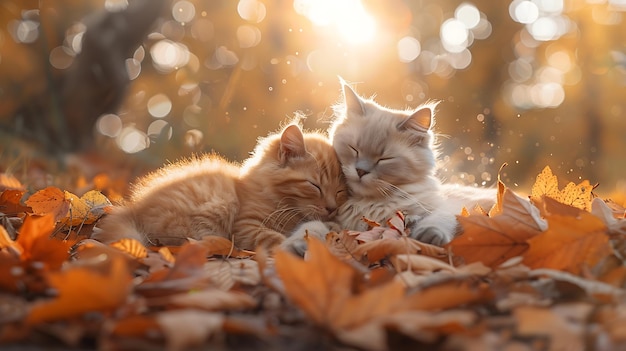 A playful Siamese cat and a fluffy Chow Chow puppy wrestling in a pile of colorful autumn leaves bathed in the warm light of the setting sun