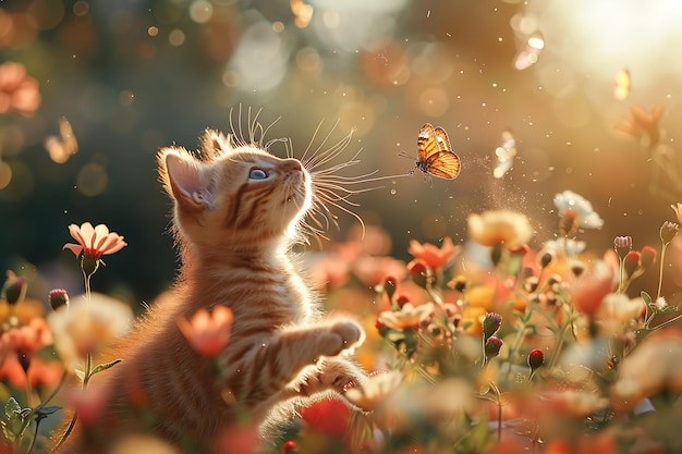 A playful Siamese cat swatting at a butterfly in a vibrant flower garden bathed in morning light with a Beagle dog excitedly chasing after it