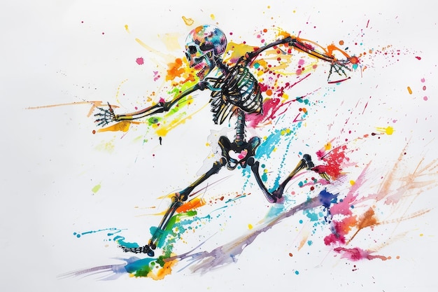 Playful skeletal figure dancing with graceful movementssurrounded by gentle watercolor brushstrokes on a textured white paper background The composition creates a whimsicalHalloweeninspired mood