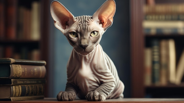 Playful Sphynx Cat Climbing Bookshelf in Modern Study Room