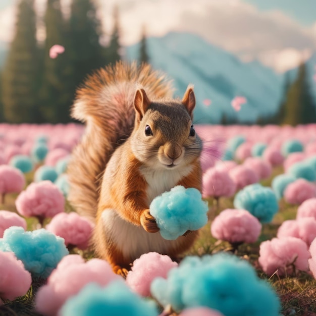 Playful squirrel enjoys cotton candy amidst snowy mountains