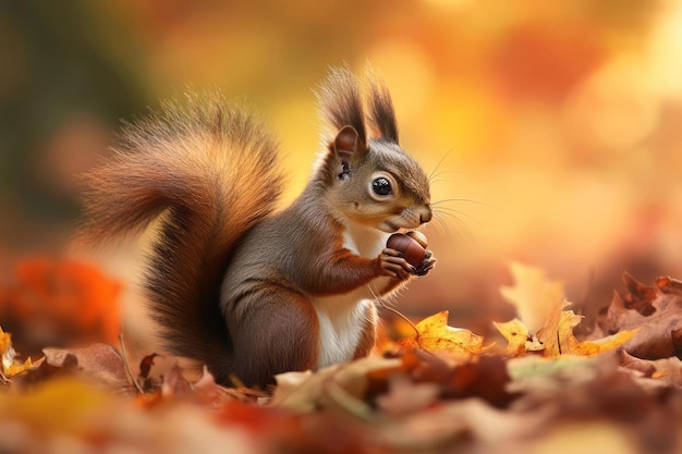 Playful squirrel holding an acorn with its bushy tail curled up backdrop of autumn leaves