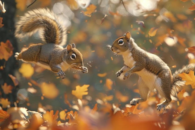 Playful squirrels chasing each other through the t