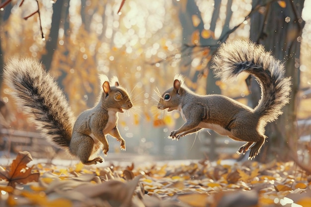 Playful squirrels chasing each other through the t