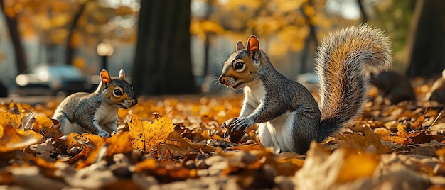 Playful Squirrels Gathering Acorns in Autumn Forest Scene