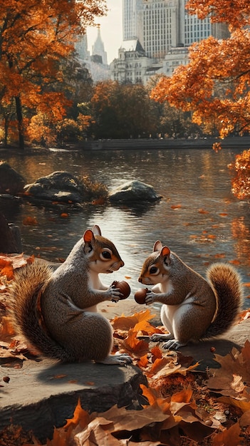 Playful Squirrels Gathering Acorns in Autumn Forest Scene