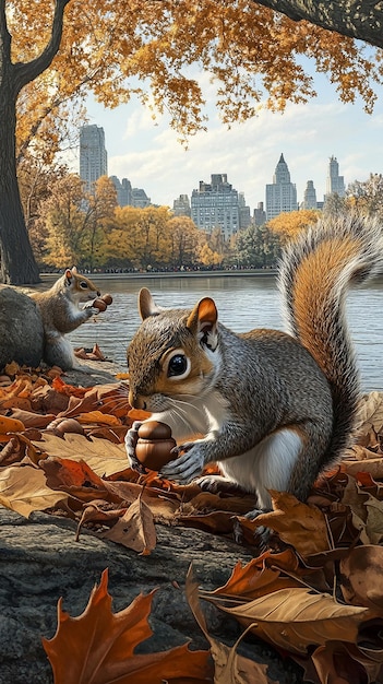 Playful Squirrels Gathering Acorns in Autumn Forest Scene