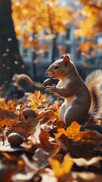 Playful Squirrels Gathering Acorns in Autumn Forest Scene