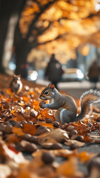 Playful Squirrels Gathering Acorns in Autumn Forest Scene