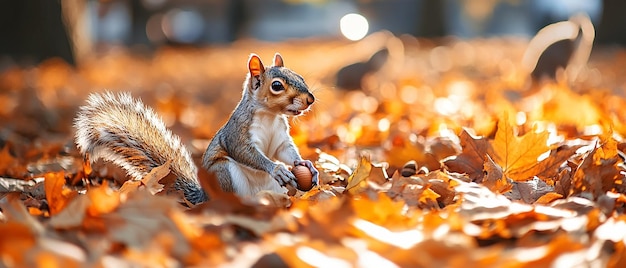 Playful Squirrels Gathering Acorns in Autumn Forest Scene