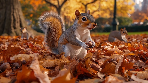 Playful Squirrels Gathering Acorns in Autumn Forest Scene