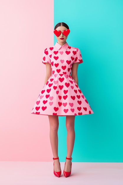 Photo playful st valentines outfit featuring a pink skater dress covered in heart patterns paired with re