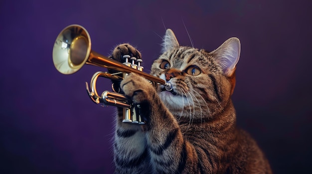 A playful tabby cat holds a small trumpet and appears to play music