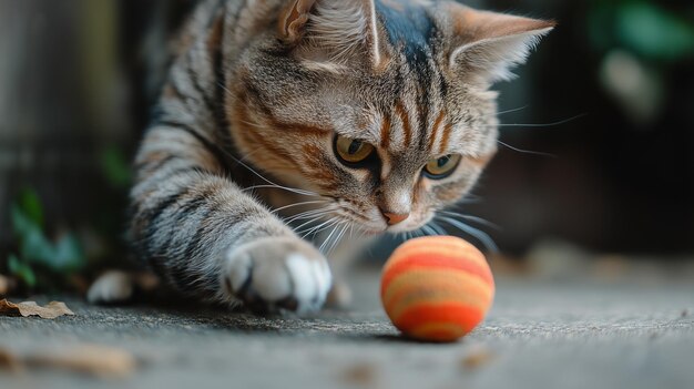 Photo a playful tabby cat reaches for a colorful ball on a sunny afternoon outside in a garden setting