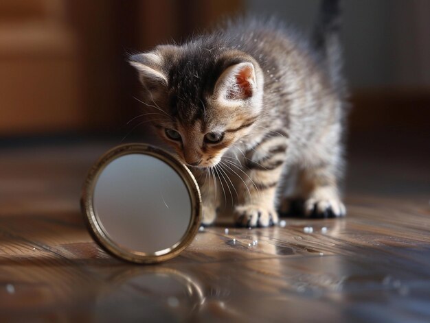 Photo playful tabby kitten curiously investigating small mirror on wooden floor in bright room