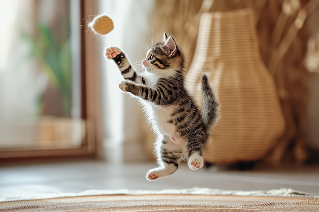 Photo playful tabby kitten jumping to catch colorful toy balls