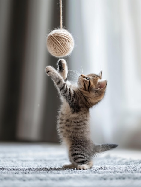 Photo playful tabby kitten reaching for a hanging ball of yarn indoors