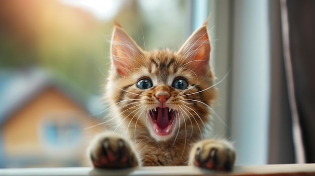 A playful tabby kitten with striking blue eyes is excitedly meowing while perched on a windowsill capturing the warm afternoon light in a cozy home setting