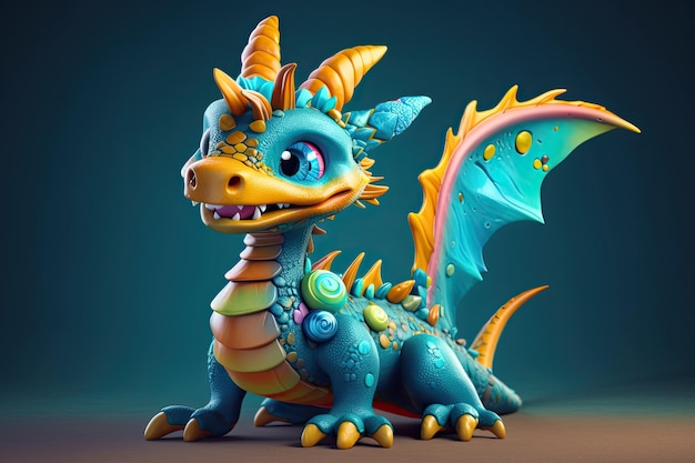 Playful toy dragon perched on a table featuring vibrant blue and orange colors Generative AI