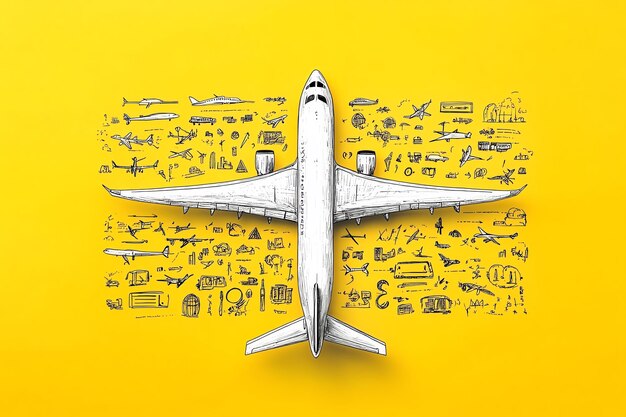 Playful travel scene with a toy airplane colorful travel icons and doodle designs on a vibrant