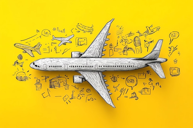 Playful travel scene with a toy airplane colorful travel icons and doodle designs on a vibrant