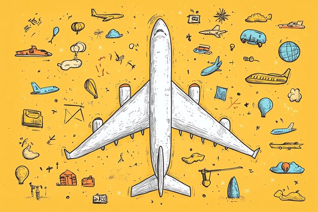 Photo playful travel scene with a toy airplane colorful travel icons and doodle designs on a vibrant