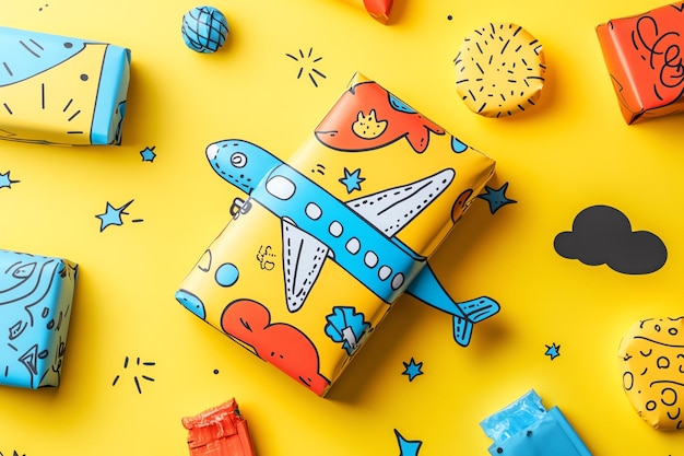 Photo playful travel scene with a toy airplane colorful travel icons and doodle designs on a vibrant