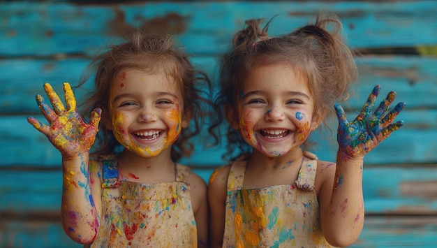 Photo playful twins covered in colorful paint