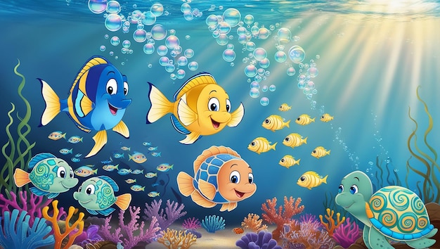 Playful Underwater Cartoon with Colorful Fish Sea Turtles and Bubbles