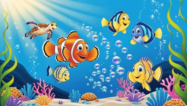 Playful Underwater Cartoon with Colorful Fish Sea Turtles and Bubbles