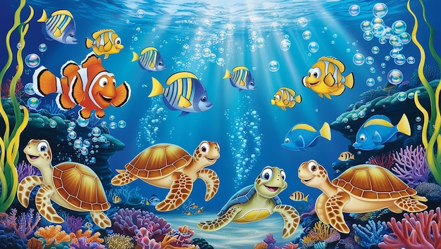 Playful Underwater Cartoon with Colorful Fish Sea Turtles and Bubbles