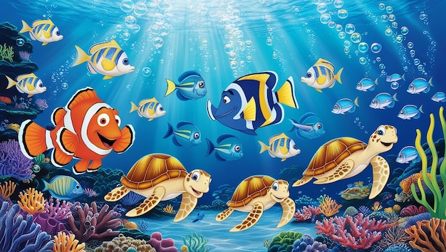 Playful Underwater Cartoon with Colorful Fish Sea Turtles and Bubbles