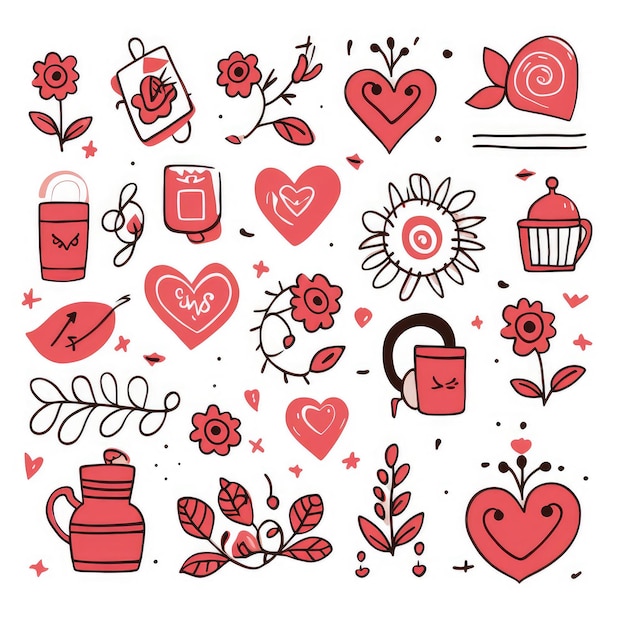 Playful Valentines Day Doodle Icons and Elements Set