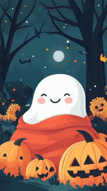 A playful vampire and a sweet ghost sit among adorable pumpkins in a whimsical Halloween setting