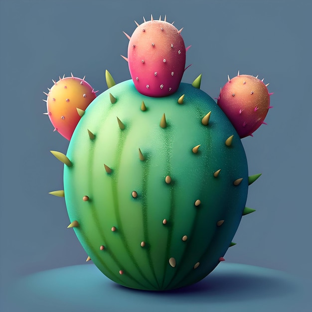 A playful and vibrant 3D illustration of a cartoon cactus with colorful spikes and blooms