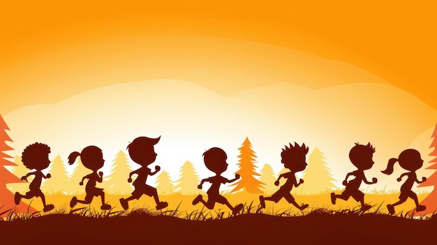 Photo playful and vibrant silhouette illustration of children jumping and running